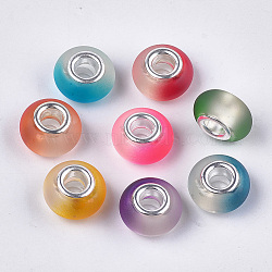 Resin European Beads, Large Hole Beads, with Silver Color Plated Brass Cores, Rubberized Style, Rondelle, Mixed Color, 14x8mm, Hole: 5mm(RPDL-S013-10)