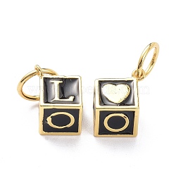 Brass Enamel Pendants, with Jump Ring, Long-Lasting Plated, Cube with Word LOVE, Real 18K Gold Plated, Black, 18x13x10mm, Jump Ring: 10x1mm, 7.5mm Inner Diameter(KK-L188-76G)