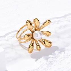 304 Stainless Stee Finger Rings, with Plastic Imitation Pearls, Real 18K Gold Plated, Flower, Flower: 31.5x12mm, Inner Diameter: 18mm(RJEW-Q005-02B-G)