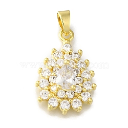 Rack Plating Brass Micro Pave Cubic Zirconia Pendant, Lead Free & Cadmium Free, Long-Lasting Plated, Teardrop, Golden, Clear, 25x17x5mm, Hole: 4x3mm(KK-H485-39G-01)