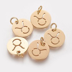 304 Stainless Steel Charms, Flat Round with Constellation/Zodiac Sign, Golden, Taurus, 12x1mm, Hole: 3mm(STAS-Q201-T445-2G)