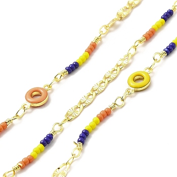 Handmade Brass Flower Chains, with Brass Enamel Donut Links and Glass Seed Beads, Soldered, with Spool, Cadmium Free & Lead Free, Real 18K Gold Plated, Seed Bead Link: 3x22.5x2mm, Donut: 11.5x6.5x2.5mm, Flower: 7x3.5x0.6mm