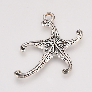 Tibetan Style Alloy Pendants, Starfish/Sea Stars, Cadmium Free & Nickel Free & Lead Free, Antique Silver, 45x29x3mm, Hole: 2.5mm