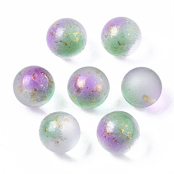 Transparent Spray Painted Frosted Glass Beads, with Golden Foil, No Hole/Undrilled, Round, Medium Sea Green, 8mm