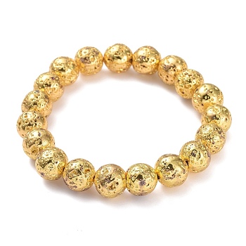 Electroplated Natural Lava Rock Beads Stretch Bracelets, Long-Lasting Plated, Round, Golden Plated, 2-1/4 inch(5.6cm), Bead: 10.5mm