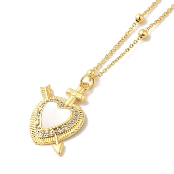 Heart Micro Pave Clear Cubic Zirconia Pendant Necklaces, with Shell, Brass Cable Chain Necklaces for Women, Real 18K Gold Plated, 17.83 inch(453mm)