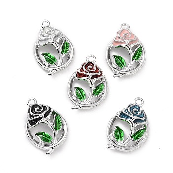 Rack Plating Alloy Enamel Pendants, Flower with Leaf, Mixed Color, 24x26x4.5mm, Hole: 1.8mm