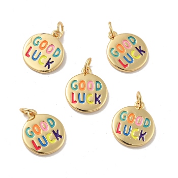 Flat Round with Word Good Luck Brass Enamel Pendants, with Jump Rings, Cadmium Free & Nickel Free & Lead Fre, Real 18K Gold Plated, 15.5x13.5x1.5mm, Hole: 3.4mm
