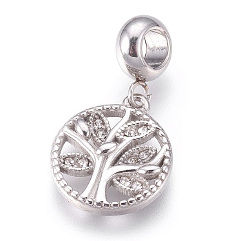 304 Stainless Steel European Dangle Charms, Large Hole Pendants, with Rhinestone, Flat Round with Tree, Stainless Steel Color, 26mm, Hole: 4mm, Pendant: 16.5x14x2.5mm