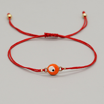 Alloy Evil Eye Link Bracelet, Braided Adjustable Lucky Bracelet, Orange, 11 inch(28cm)