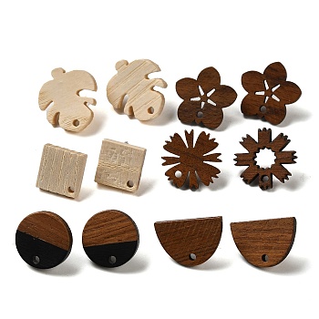 Wood Stud Earring Findings, for Women, Mixed Style, Mixed Color, 12~20x11~18mm, Hole: 1.8mm, Pin: 0.67mm