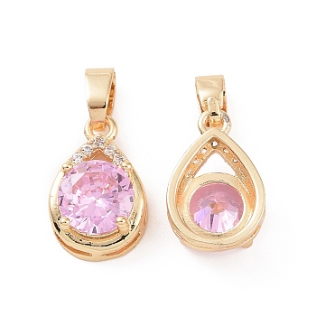 Brass Micro Pave Cubic Zirconia Charms, Teardrop, Clear & Pink, Real 18K Gold Plated, 14x9x5mm, Hole: 3x5.5mm