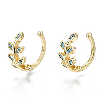 Brass Micro Pave Cubic Zirconia Cuff Earrings, Cadmium Free & Nickel Free & Lead Free, Leaf, Real 16K Gold Plated, Light Sky Blue, 1~8mm, Inner Diameter: 11mm