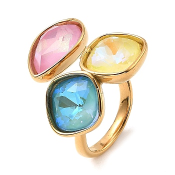 Teardrop & Square Glass Open Cuff Rings, Real 18K Gold Plated 304 Stainless Steel Ring, Colorful, US Size 7 1/4(17.5mm)