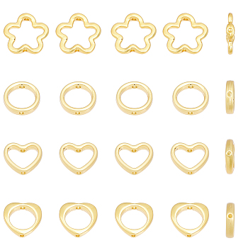 20Pcs 4 Style Rack Plating Alloy Bead Frame, Long-Lasting Plated, Lead Free & Cadmium Free, Heart & Round Ring & Flower, Light Gold, 11.5~15x12.5~15x2.5~3mm, Hole: 1.2~1.4mm, Inner Diameter: 6~9mm, 5pcs/style