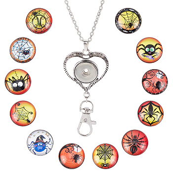 DIY Interchangeable Dome Office Lanyard ID Badge Holder Necklace Making Kit, Including Brass Jewelry Snap Buttons, Alloy Snap Keychain Making, 304 Stainless Steel Cable Chains Necklaces, Spider Pattern, 18.5x9mm, 12pcs/set, 1set/box