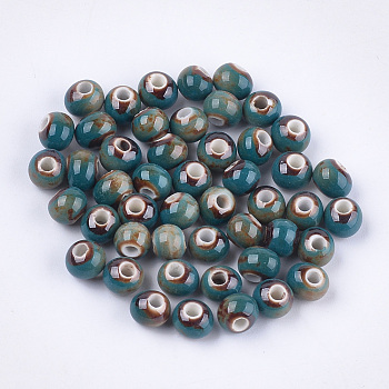 Handmade Porcelain Beads, Fancy Antique Glazed Porcelain, Round, Cadet Blue, 6~7x5.5~6mm, Hole: 2~2.5mm