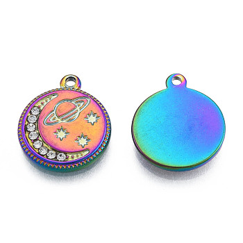 304 Stainless Steel Pendants, with Crystal Rhinestone, Flat Round with Moon & Planet, Rainbow Color, 16.5x14x2mm, Hole: 1.4mm
