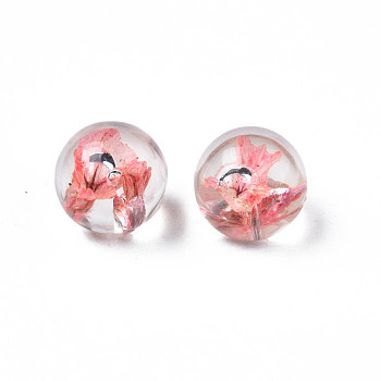 Translucent Acrylic Cabochons, with Dried Flower, Round, Light Salmon, 10x9mm