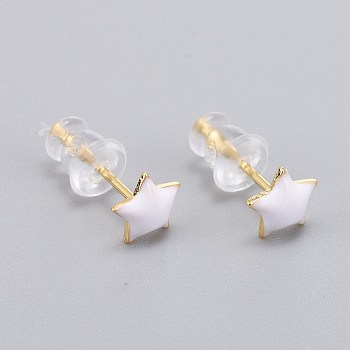 Brass Enamel Stud Earrings, with Plastic Ear Nuts, Long-Lasting Plated, Star, Real 18K Gold Plated, White, 6x6mm, Pin: 0.8mm