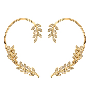 Clear Cubic Zirconia Leaf Wrapped Stud Earrings, Brass Half Hoop Earrings for Women, Golden, 50x39.5x8.5mm, Pin: 1mm