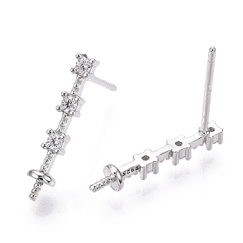 925 Sterling Silver Stud Earring Findings Micro Pave Cubic Zirconia, for Half Drilled Beads, with S925 Stamp, Cuboid, Real Platinum Plated, 15.5x3x2mm, Pin: 0.7×12mm, Tray:3mm.