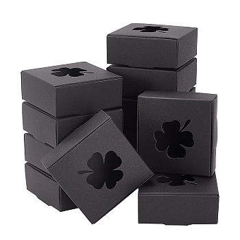 BENECREAT Kraft Paper Box, Flip Cover, Clover Visual Window, Square, Black, 7.8x7.8x3cm, Unfold: 24.7x20.4x0.04cm