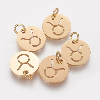304 Stainless Steel Charms, Flat Round with Constellation/Zodiac Sign, Golden, Taurus, 12x1mm, Hole: 3mm