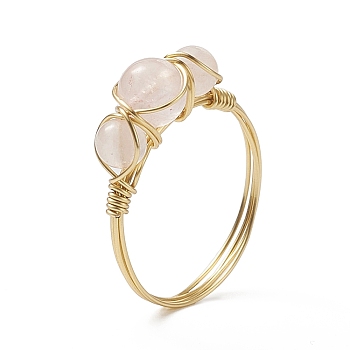Natural Rose Quartz Round Braided Beaded Finger Ring, Light Gold Copper Wire Wrap Jewelry for Women, Inner Diameter: 18mm