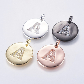 Brass Pendants, with Micro Pave Cubic Zirconia, Flat Round with Letter, Letter.A, 23~23.5x2mm, Hole: 3.5x4mm