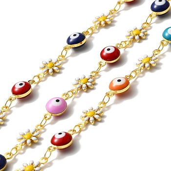 Handmade Brass Enamel Flower & Evil Eye Link Chain, Long-Lasting Plated, Soldered, with Spool, Colorful, 13x7.5x2mm, 12x6.5x4.5mm