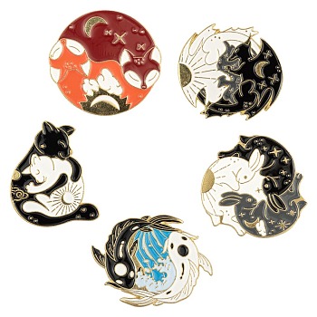 5Pcs 5 Style Creative Zinc Alloy Brooches, Enamel Lapel Pin, with Iron Butterfly Clutches or Rubber Clutches, Flat Round & Fish & Fox & Rabbit, Golden, Mixed Color, 28~30x25~30mm, Pin: 1mm, 1pc/style