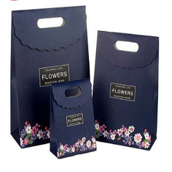 Rectangle Paper Flip Gift Bags, with Handle & Word & Floral Pattern, Shopping Bags, Prussian Blue, 19x9.1x26.2cm