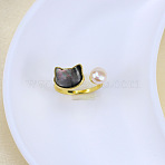 Natural Freshwater Pearl with Natural Shell Cuff Rings, Golden, Cat Shape, Inner Diameter: 15~19mm(WGACE42-08)