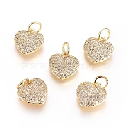 Brass Micro Pave Cubic Zirconia Pendants, with Jump Ring, Long-Lasting Plated, Heart, Clear, Real 18K Gold Plated, 10.5x10x2.5mm, Hole: 3mm(X-ZIRC-G166-25G)