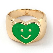 Alloy Enamel Finger Rings, Heart with Smiling Face, Light Gold, Green, US Size 6(16.5mm)(RJEW-H539-02B-LG)
