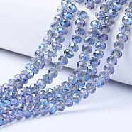 Electroplate Transparent Glass Beads Strands, Full Rainbow Plated, Faceted, Rondelle, Cornflower Blue, 4x3mm, Hole: 0.4mm, about 123~127pcs/strand, 16.5~16.9 inch(42~43cm)(EGLA-A034-T4mm-Y02)