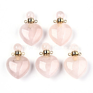 Natural Rose Quartz Pendants, Openable Perfume Bottle, with Golden Tone Brass Findings, Heart, 33~34.5x22.5x12.5~13.5mm, Hole: 1.8mm, Bottle Capacity: 1ml(0.034 fl. oz)(G-T131-16E)