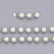 Handmade ABS Plastic Imitation Pearl Beaded Chains, Soldered, with 304 Stainless Steel Chain and Spool, Creamy White, Golden, Link: 2.5x1.5x0.3mm, about 65.61 Feet(20m)/roll(CHS-T003-01G)