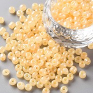 (Repacking Service Available) Glass Seed Beads, Ceylon, Round, Lemon Chiffon, 6/0, 4mm, Hole: 1.5mm, about 12g/bag(SEED-C020-4mm-142)