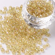 Round Glass Seed Beads, Transparent Colours Rainbow, Round, Pale Goldenrod, 4mm(SEED-A007-4mm-162)