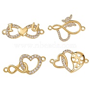 4Pcs 4 Style Brass Micro Pave Clear Cubic Zirconia Links Connectors, Infinity & Heart, Real 18K Gold Plated, 8.5~18x23~25x2~2.5mm, hole: 1.4mm, 1pc/style(ZIRC-SZ0002-24)