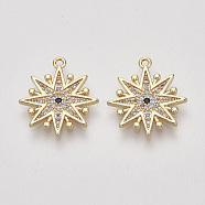 Brass Micro Pave Cubic Zirconia Pendants, Snowflake, Clear & Blue, Nickel Free, Real 18K Gold Plated, 18.5x17x1.5mm, Hole: 1.2mm(ZIRC-S064-010)