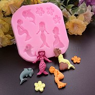 Food Grade Silicone Statue Molds, Fondant Molds, For DIY Cake Decoration, Chocolate, Candy, Portrait Sculpture UV Resin & Epoxy Resin Jewelry Making, Mermaid Theme, Pink, 80x78x10mm(DIY-E011-27)