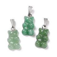 Natural Green Aventurine Pendants, with Stainless Steel Color Tone 201 Stainless Steel Findings, Bear, 27.5mm, Hole: 2.5x7.5mm, Bear: 21x11x6.5mm(G-G854-01P-04)