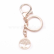 Keychain, with Flat Round with Tree of Life Brass Pendants, Iron Split Key Rings & Curb Chains, Alloy Lobster Claw Clasps, Rose Gold, 9.2cm(KEYC-JKC00232)