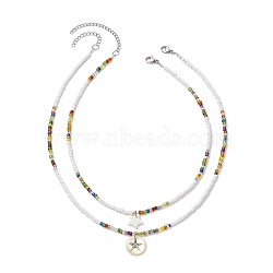 2Pcs 2 Style Natural Shell Star Pendant Necklaces Set, Glass Seed Beaded Stackable Necklaces for Women, Mixed Color, 15.12~17.56 inch(38.2~44.6cm), 1Pc/style(NJEW-JN04302)