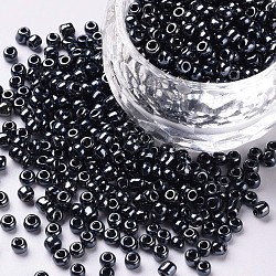 8/0 Glass Seed Beads, Opaque Colors Lustered, Round, Round Hole, Black, 8/0, 3mm, Hole: 1mm, about 1111pcs/50g, 50g/bag, 18bags/2pounds(SEED-US0003-3mm-129)