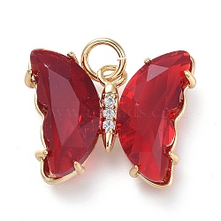 Brass Micro Pave Clear Cubic Zirconia Pendant, with Glass, Butterfly, Golden, Red, 18mm(ZIRC-P079-B02-04)