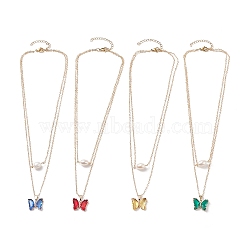 4Pcs 4 Color Glass Butterfly & Natural Pearl Pendants Double Layer Necklaces Set with Clear Cubic Zirconia, Golden Brass Jewelry for Women, Mixed Color, 16.34 inch(41.5cm), 1Pc/color(NJEW-TA00043)